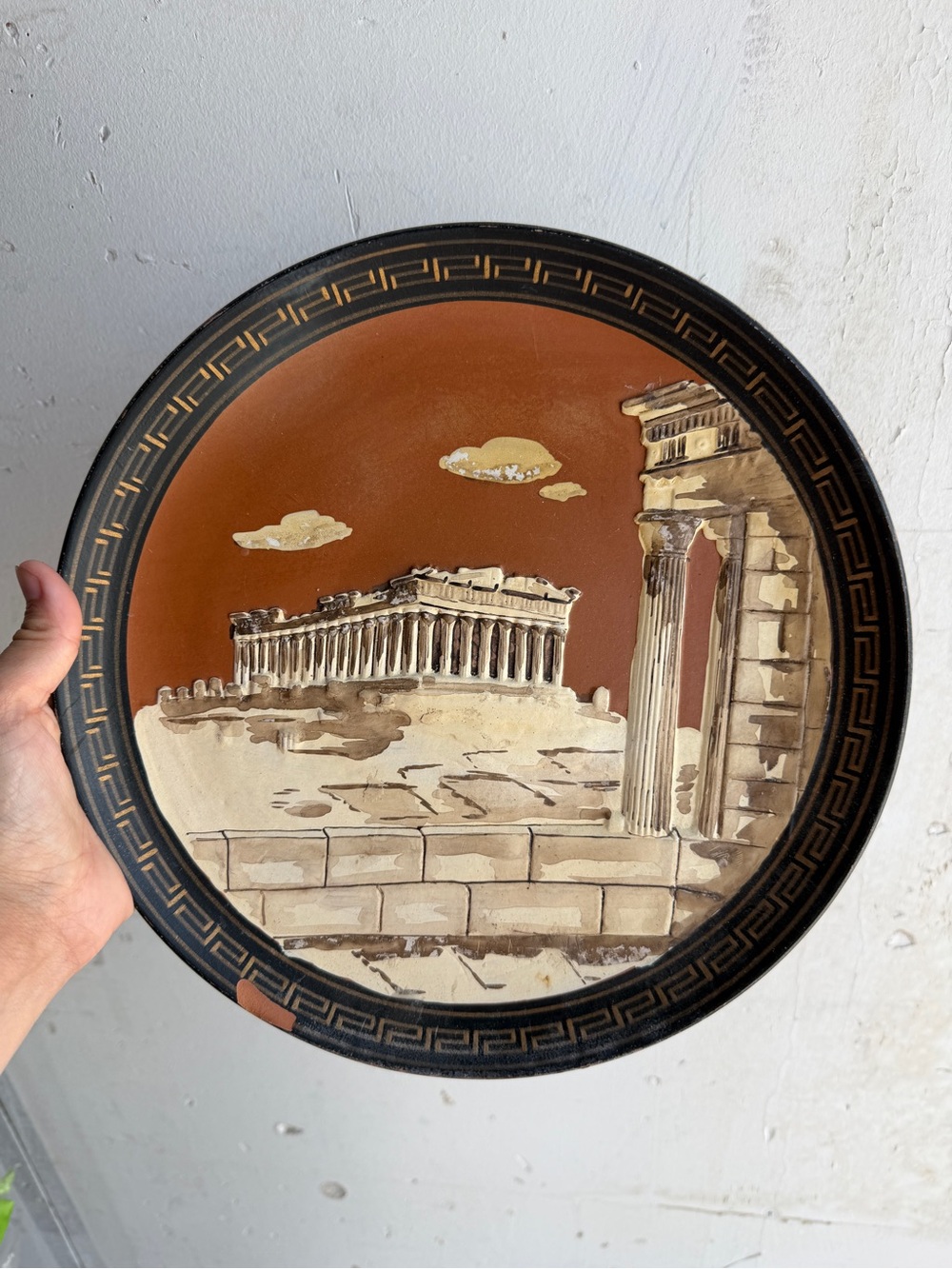 Vintage 1970s Greek Parthenon Wall Plate 11” Handmade Greece Acropolis
